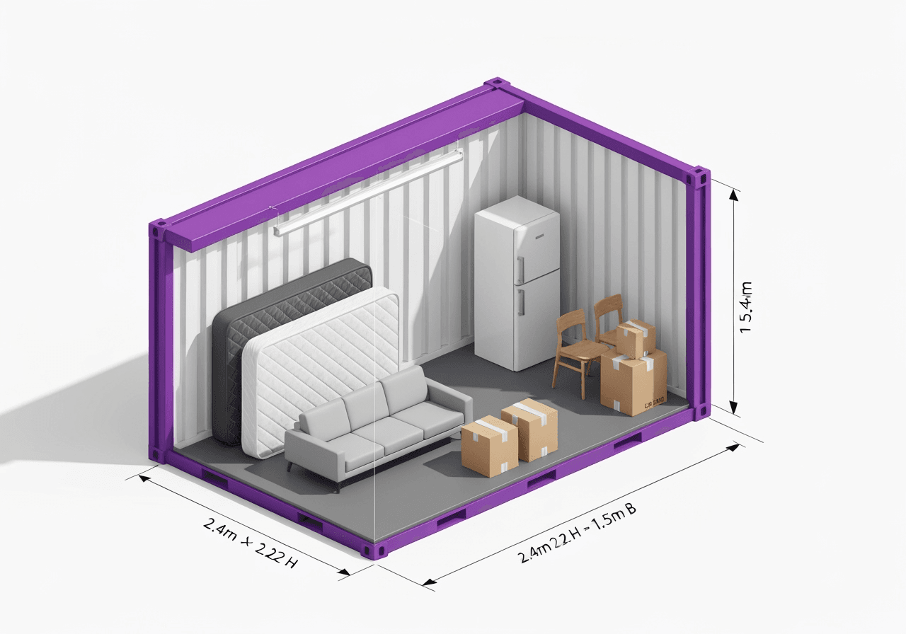 Isometrische 3D-Darstellung eines lagerplatz-Containers mit transparentem Querschnitt, der Matratze, Kühlschrank, Sofa, Stühle und Kartons im Inneren zeigt